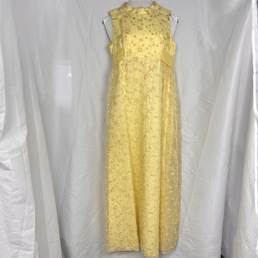 Vintage Dress Yellow Mock Neck Maxi Sheer Floral Overlay Formal 60s Prom Small